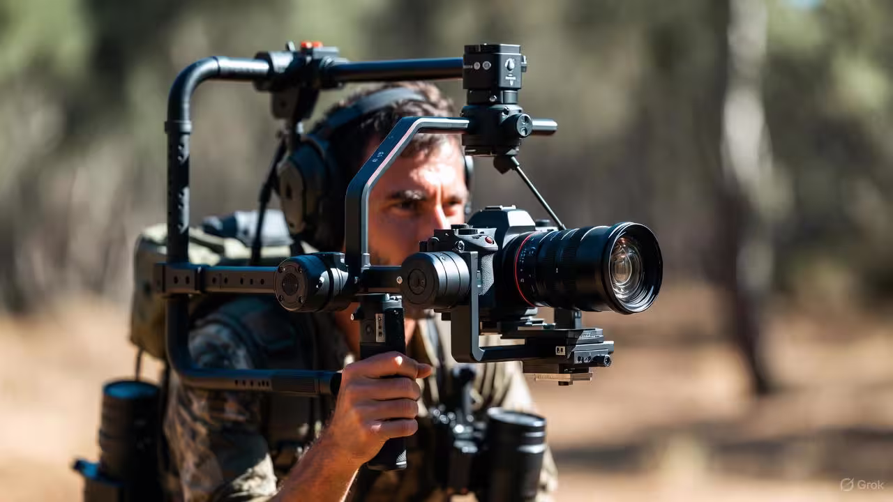 تولیدکننده محتوا در حال ضبط ویدئو با گیمبال موبایل در فضای روشن