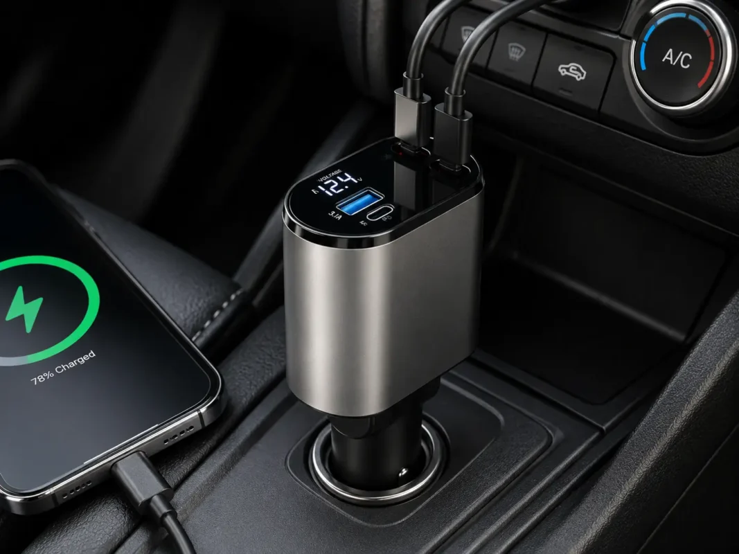 شارژر فندکی خودرو USB-C و USB-A در حال شارژ گوشی داخل خودرو