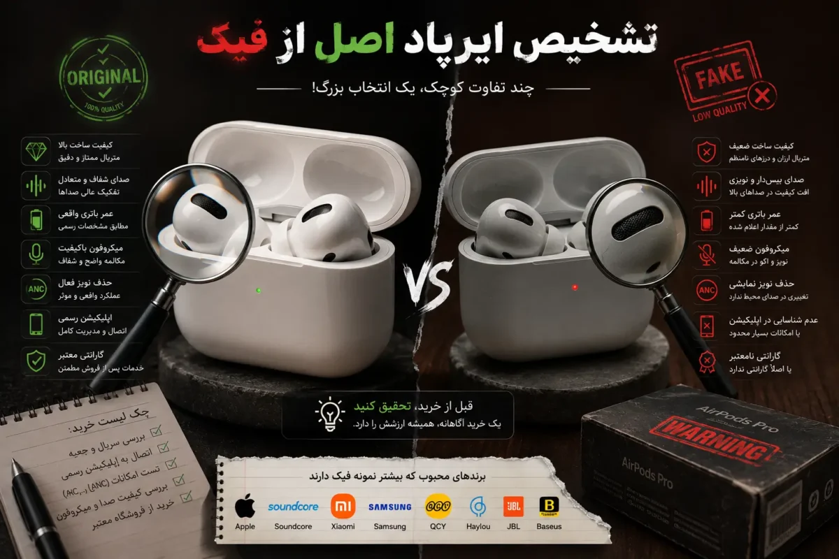 تشخیص ایرپاد اصل و فیک با بررسی کیفیت ساخت، شماره سریال و اصالت هندزفری بلوتوثی